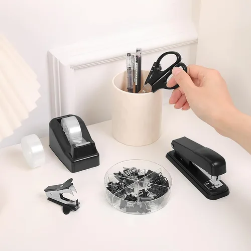 Miniatura 4 de SKYDUE Juego de suministros de oficina negros, accesorios de escritorio negros, grapadora, dispensador de cinta, tijeras, carpeta/clips de papel