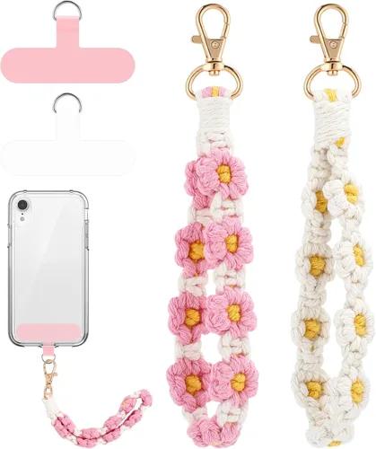 Miniatura 7 de Jspupifip 2 piezas de correa de muñeca para teléfono estilo macramé boho, linda correa de teléfono celular con pestaña de sujeción, pulsera de Blanco