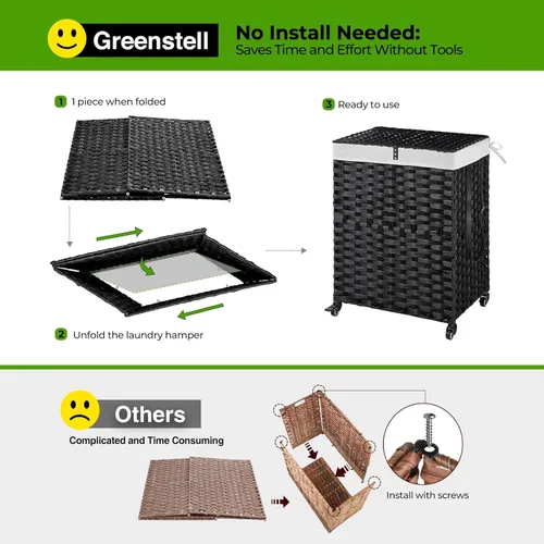 Miniatura 44 de GREENSTELL Cesta para ropa sucia con ruedas y tapa, 130 L, cesta grande de 3 secciones con 2 tipos de bolsas de forro extraíbles, 5 bolsas de malla