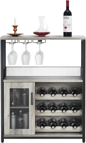 Miniatura 8 de IDEALHOUSE Armario de bar de vinos de 3 niveles con estante de vino desmontable y espacio de almacenamiento, gabinete de buffet con soporte de Gris