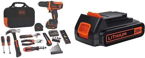 BLACK+DECKER - Kit de taladro y herramientas para el hogar de 12 V, 60 piezas con batería de litio extra de 1.5 Ah (BDCDD12PK & LBXR20)