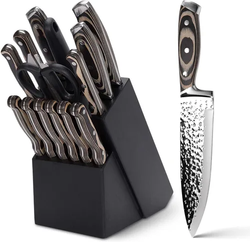 Juego de cuchillos de cocina, juego de cuchillos de 15 piezas con bloque de madera, autoafilable para juego de cuchillos de chef, juego de bloques