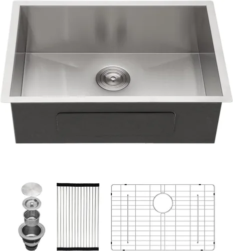 Miniatura 19 de Kichae fregadero de cocina bajo encimera de 32 pulgadas, de un solo tazón, de acero inoxidable, calibre 16, de esquina redonda, hecho a mano