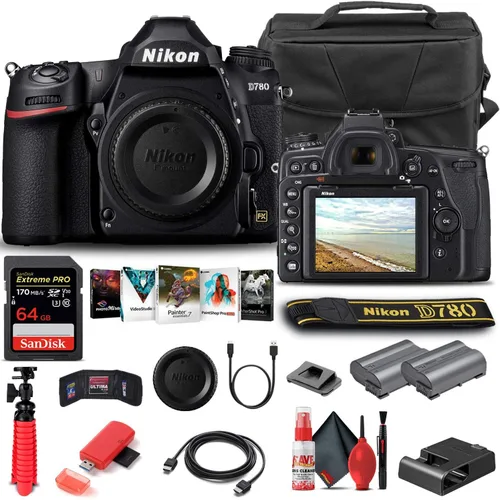 Nikon Cámara DSLR D780 (solo cuerpo) (1618) + tarjeta de memoria de 64 GB + funda + software de foto Corel + batería EN-EL 15 + cable HDMI + juego