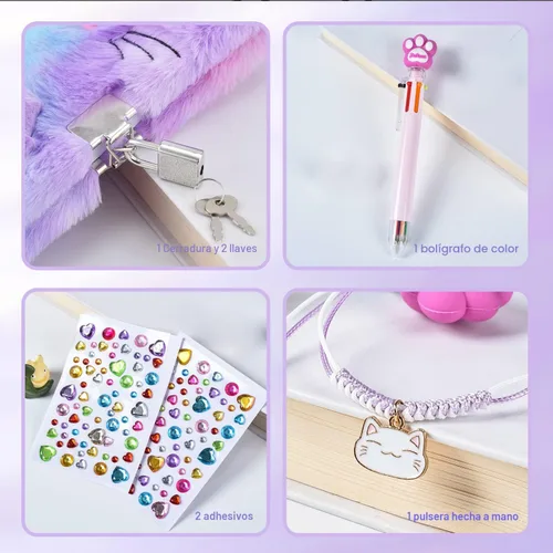 Miniatura 6 de PJDRLLC Diario de gato con cerradura, regalo para niñas de 6, 7 y 8 años, diario secreto con monedero, bolígrafo multicolor, nota post-it