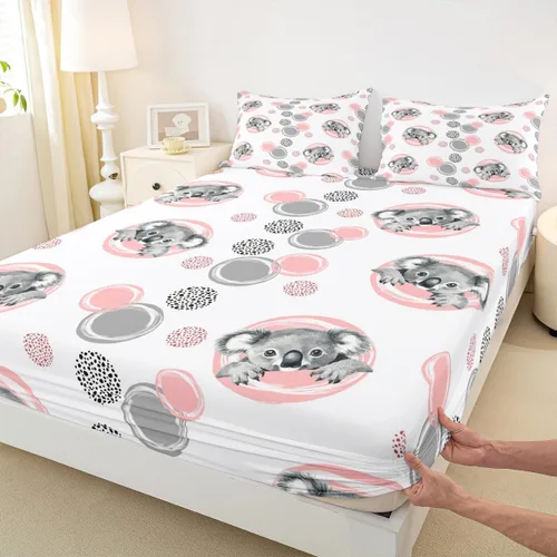 Miniatura 5 de Erosebridal Juego de sábanas lindas de koala para niños, sábana bajera ajustable kawaii koalas tamaño individual con puntos grises y rosados, funda