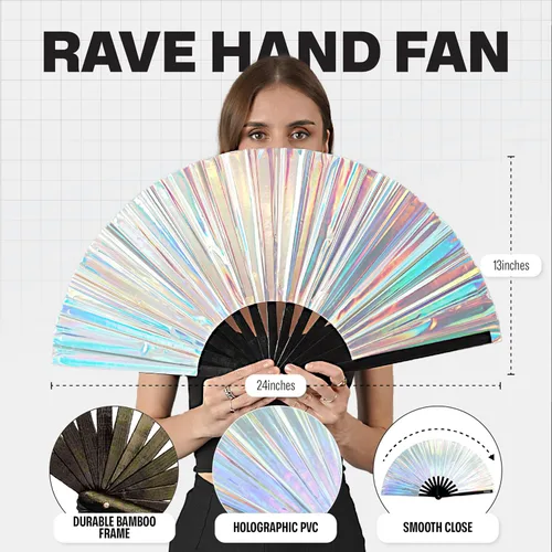 Miniatura 101 de SoJourner Bags Rave Fan – Ventilador plegable grande – Ventilador de mano Clack para raves, Halloween, Burlesque, trajes de arcoíris para mujeres