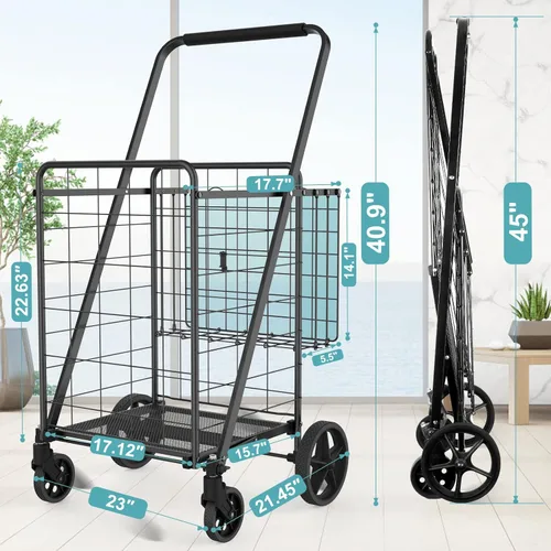 Miniatura 5 de Carrito de compras con capacidad de 150 kg para comestibles, carrito de comestibles jumbo mejorado con forro impermeable, ruedas giratorias de 360°