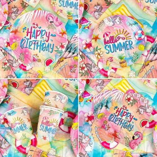 Miniatura 4 de Decoraciones de fiesta de cumpleaños de piscina de verano, platos de cumpleaños temáticos de verano, servilleta, pancarta, tazas, globos