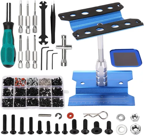 Soporte de trabajo de reparación de automóviles a control remoto, 532 piezas, kit de tornillos de reparación RC con rotación de 360 grados, Azul