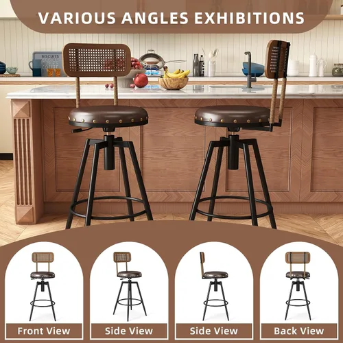 Miniatura 5 de Taburete de bar giratorio ajustable de 42 pulgadas con respaldo, taburetes rústicos de altura de bar, silla de bar de 360 grados para comedor, isla