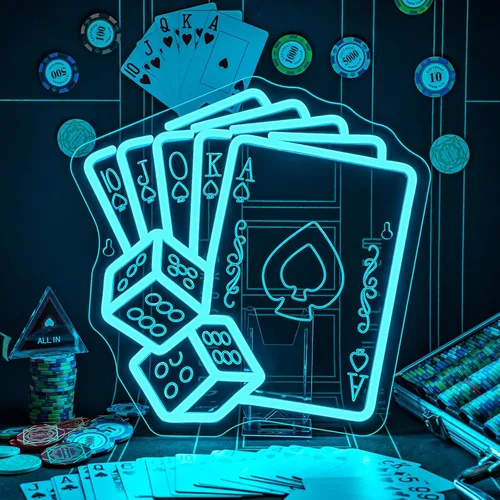 Miniatura 10 de Letreros de Neón de Cartas de Juego para Decoración de Pared Póquer Adolescentes Luz LED Neón Azul Blanco Letrero de Luz USB para Dormitorio Casino