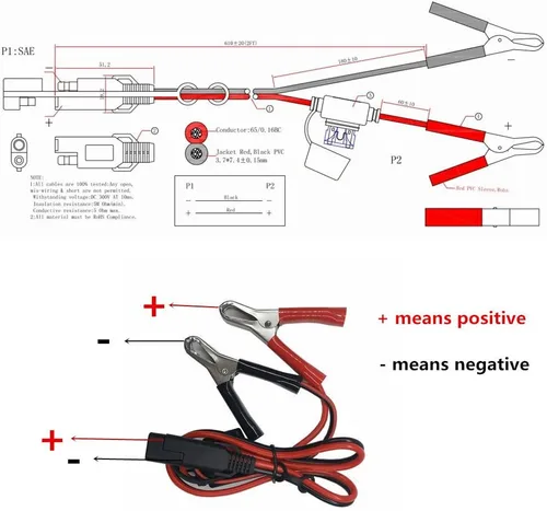 Miniatura 5 de Clips SAE a Cocodrilo – Abrazadera de cargador de batería de 2 pies, cable de extensión de cargador de goteo de 12 V-24 V, cable de extensión