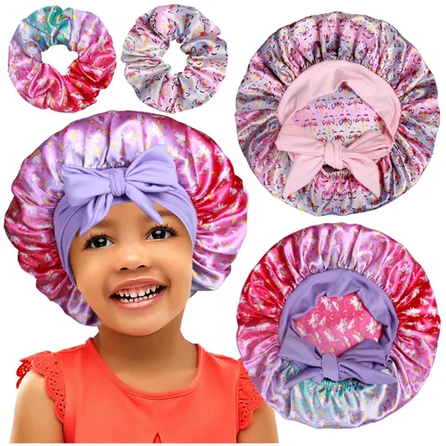 Miniatura 8 de 2+2 gorros de satén con coleteros para niños, bonitos gorros de pelo para niñas para dormir cabello rizado, A