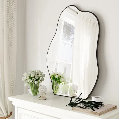 Miniatura 14 de HARRITPURE Espejo de baño irregular de 22 x 32 pulgadas, espejo de pared moderno negro con marco de madera, espejos decorativos asimétricos