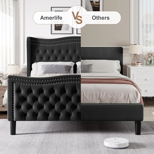 Miniatura 8 de Marco de Cama Queen con Cabecero y Pie de Cama Altos, Marco de Cama Plataforma Tapizada en Terciopelo con Respaldo Alado con Botones Profundos, No
