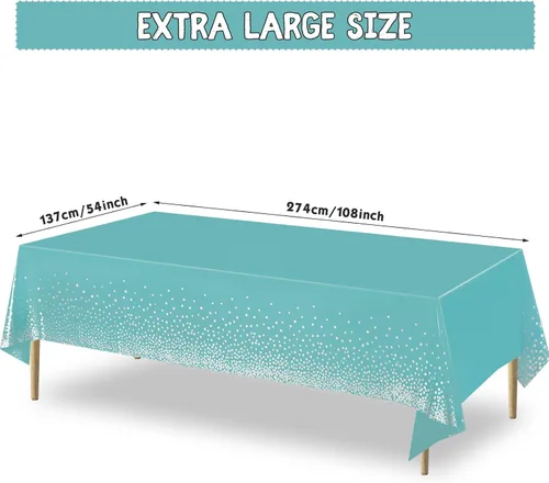 Miniatura 2 de Breling Mantel rectangular desechable de plástico con diseño de lunares color verde azulado y plateado, para cumpleaños, boda, baby shower