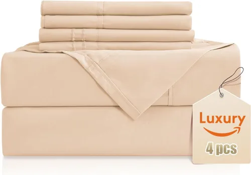 Miniatura 58 de CozySmile Juego de sábanas transpirables y refrescantes, sábanas de lujo de 4 piezas con bolsillo profundo para cama de tamaño matrimonial, se Beige