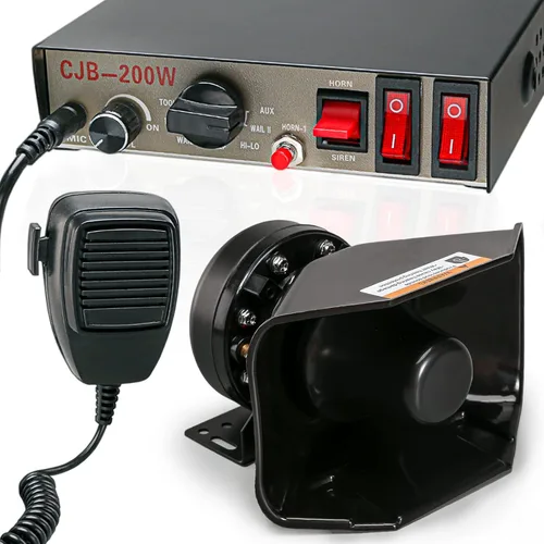 Sistema PA de sirena de emergencia de advertencia policial de 12 V, 200 W, 9 tonos [altavoz de diseño de 180°] [125-135 dB] [micrófono de mano]