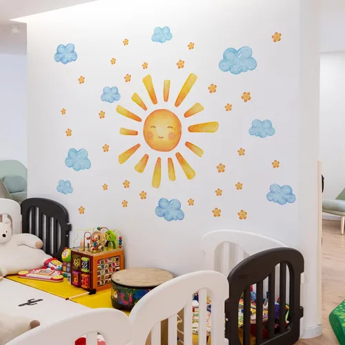 Miniatura 6 de 35.4 × 11.8 pulgadas, diseño de nubes de sol, mural de acuarela, vinilo moderno, extraíble, adhesivo para guardería, sala de juegos, sala de estar