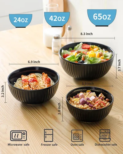 Miniatura 2 de HASENSE Juego de 3 cuencos pequeños de mezcla, cuencos de porcelana acanalados negros de 1.5/1/0.5 cuartos de galón para cocina, cocción, horneado