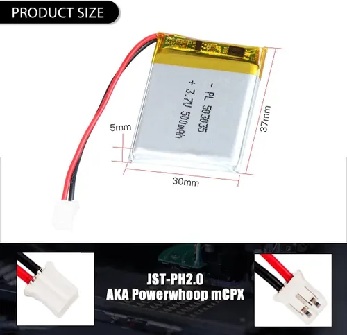 Miniatura 3 de Batería Lipo Recargable de 3.7V 500mAh de Polímero de Litio con Conector JST de 2.0mm PH