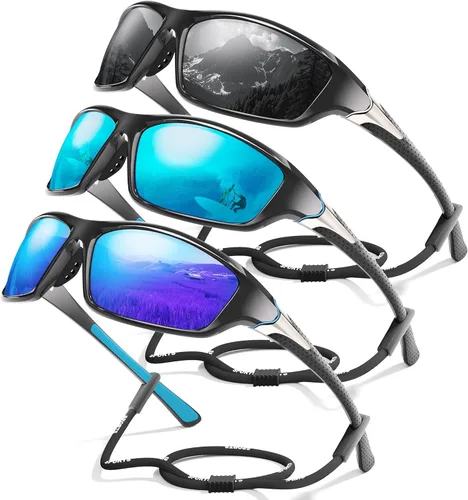 Miniatura 34 de Paquete de 3 lentes de sol deportivos polarizados para hombres, gafas de sol masculinas envolventes con protección UV para ciclismo, pesca