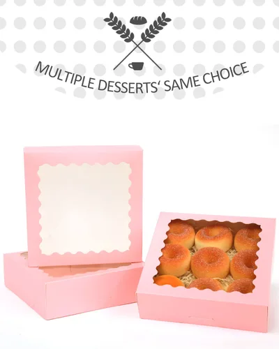 Miniatura 6 de qiqee - Cajas de repostería rosas autodeslizables 50 paquetes, cajas para pasteles de 8 x 8 x 2.5 pulgadas con ventana Rosado