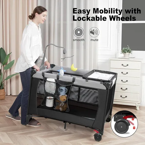 Miniatura 3 de Pack and Play con Mesa Cambiadora y Bolsa de Transporte, Corralito Cuna Portátil 4 en 1 para Recién Nacidos a Niños Pequeños, Cuna de Viaje Plegable