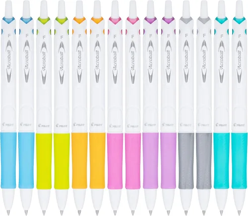 PILOT Acroball PureWhite - Bolígrafos recargables y retráctiles de tinta avanzada con detalles surtidos, punta fina, tinta negra, paquete de 14