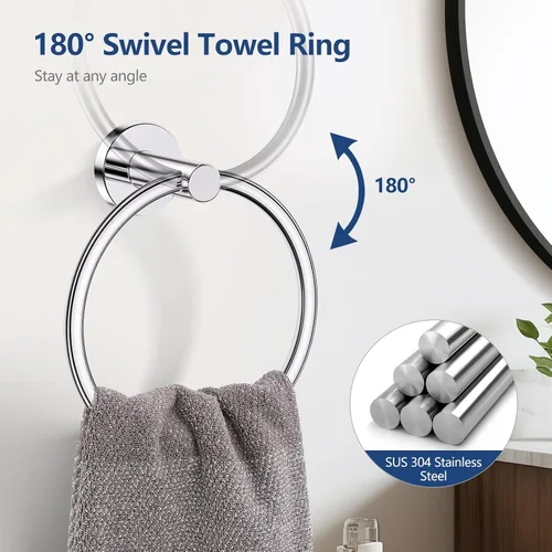 Miniatura 5 de TQKAG Juego de 5 Piezas de Herrajes de Baño de Cromo Pulido 23.6" Acero Inoxidable SUS304 Juegos de Soporte de Barra de Toallas de Baño Portapapel