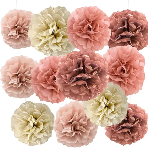 Miniatura 8 de We Moment Pompones de papel de seda morado y rosa para decoración de fiesta de niñas en el techo, para colgar en la pared, 12 pompones de seda de 4