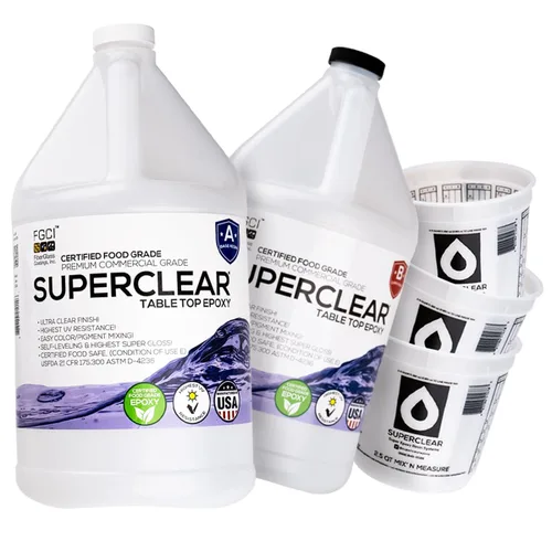 Resina Epoxi para Mesa Superclear 2 Galones | Kit de Vaso de 256 oz, Anti-Amarillento Máxima Resistencia al Impacto UV, Seguro Grado Alimenticio,