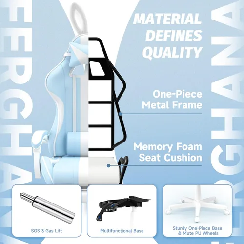 Miniatura 9 de Ferghana Kawaii - Silla de juegos azul claro con orejas de conejo, ergonómica y bonita silla para jugadores con reposapiés y masaje, silla