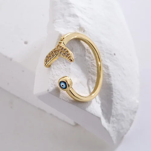 Miniatura 2 de Anillo de cola de sirena azul con circonita cúbica delicada chapada en oro y compromiso de compromiso de moda, apilable, abierto y ajustable