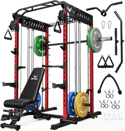 Miniatura 18 de JELENS M21 - Máquina Smith, jaula de potencia multifunción con sistema de cruce de cable de polea doble, banco de sentadillas todo en uno de 907 kg