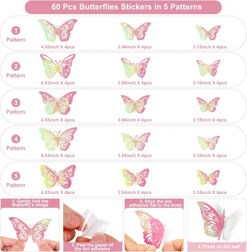 Miniatura 2 de 60 piezas de mariposas 3D para pastel y decoración de pared - 5 estilos, 3 tamaños, púrpura láser