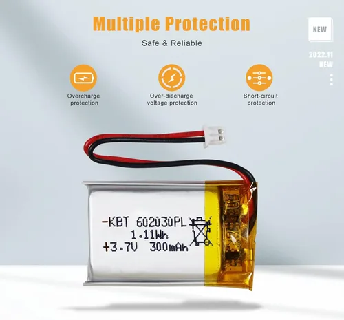 Miniatura 4 de Batería de polímero de litio KBT 3.7V 300mAh: 602030 Baterías de repuesto de iones de litio recargables Lipo con conector PH 1.25 JST, conector