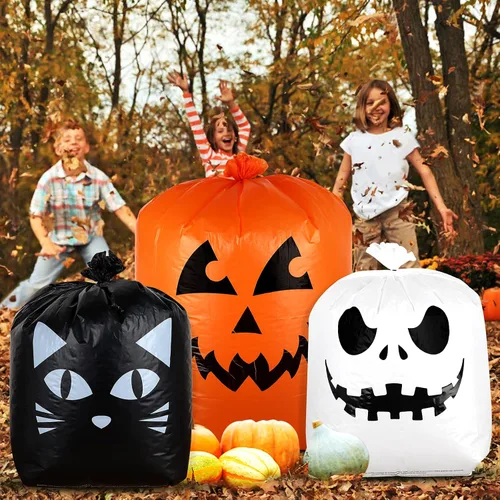 Miniatura 2 de Giiffu Paquete de 9 bolsas de hojas de Halloween con lazos giratorios, bolsas de basura de calabaza resistentes para césped, jardín, porche