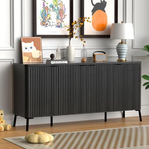 Armario buffet, aparador grande de 63 pulgadas con almacenamiento, aparador moderno acanalado con 4 puertas, gabinete de almacenamiento de madera