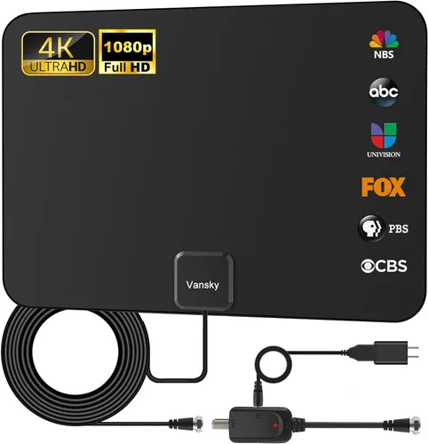 Antena Vansky para TV de alta definición para interiores con 50 millas de alcance, amplificador de señal, fuente de alimentación USB desmontable y
