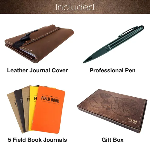 Miniatura 2 de Excello Global Products Juego de regalo de funda de cuaderno de cuero cosido hecho a mano: incluye bolígrafo y 5 cuadernos de campo, compatible