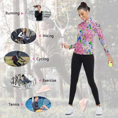Miniatura 87 de WOWENY Camiseta deportiva de manga larga para mujer, con cremallera de un cuarto, cuello para entrenamiento, camiseta de tenis con estampado