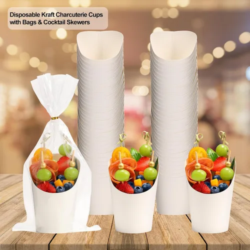 Miniatura 3 de 60 juegos de tazas desechables de charcutería con palillos y bolsas, 14 oz, cajas de aperitivos blancas de papel kraft, tazas para papas fritas