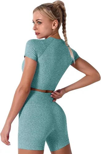 Miniatura 5 de Conjunto de yoga para mujer, sin costuras, pantalones cortos de ejercicio de cintura alta con brasier deportivo, 3 piezas, conjunto deportivo