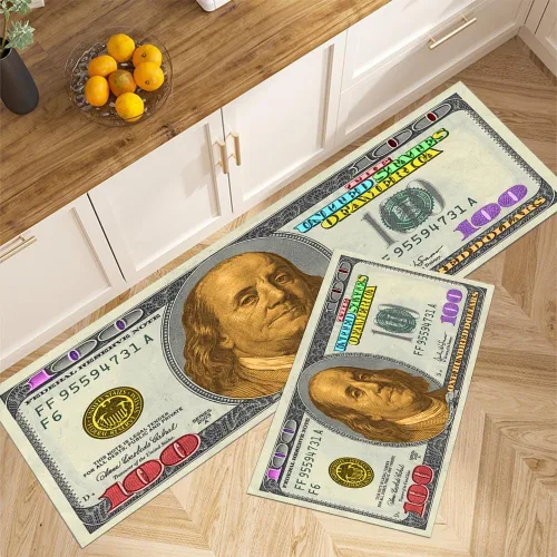 GUBIYU Juego de 2 alfombras y tapetes de cocina color beige y dorado para billetes de 100 dólares, alfombra divertida y fresca para baño,