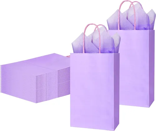 Miniatura 5 de DjinnGlory Paquete de 24 pequeñas bolsas de regalo de papel lavanda morado con asas de 9 x 5.5 x 3.15 pulgadas y 24 papel de seda para negocios