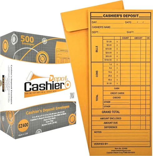 500 Cashier Depot EZ400 - Sobres para informe de depósitos de cajero, 4 1/8 x 9 1/2 pulgadas, resistente 24 libras, papel kraft marrón, sobres de