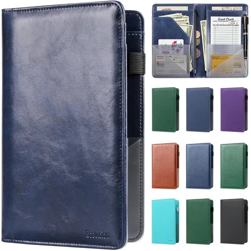 Miniatura 29 de Libreta de mesera para camarera, organizador de cuero con bolsillo con cremallera, folleto para personal de restaurante, soporte para cheques de Café