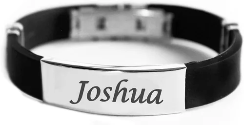 Pulsera JOSHUA con nombre personalizado de silicona y tono plateado para hombre, incluye caja de regalo y bolsa de regalo, placa de identificación
